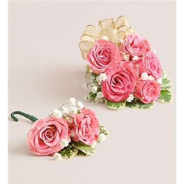 Pink Spray Corsage & Bout-Gold Bow
